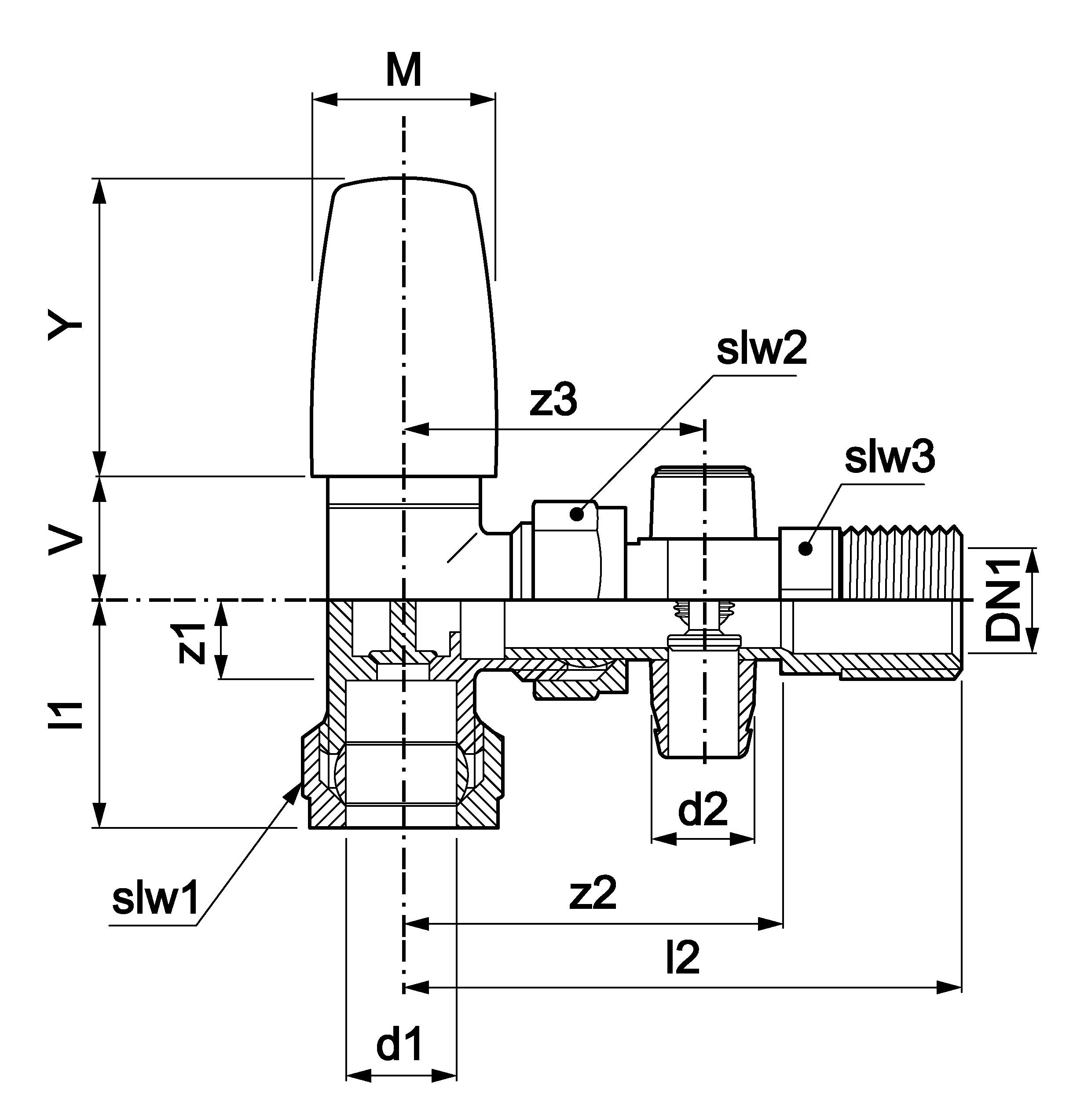 angle pattern thermostatic radiator valve with matching drain off lockshield.